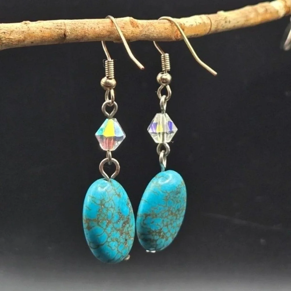 Turquoise Blue Oval‎ Gemstone Dangle Earrings Crystal Accents Silver Tone Hooks
